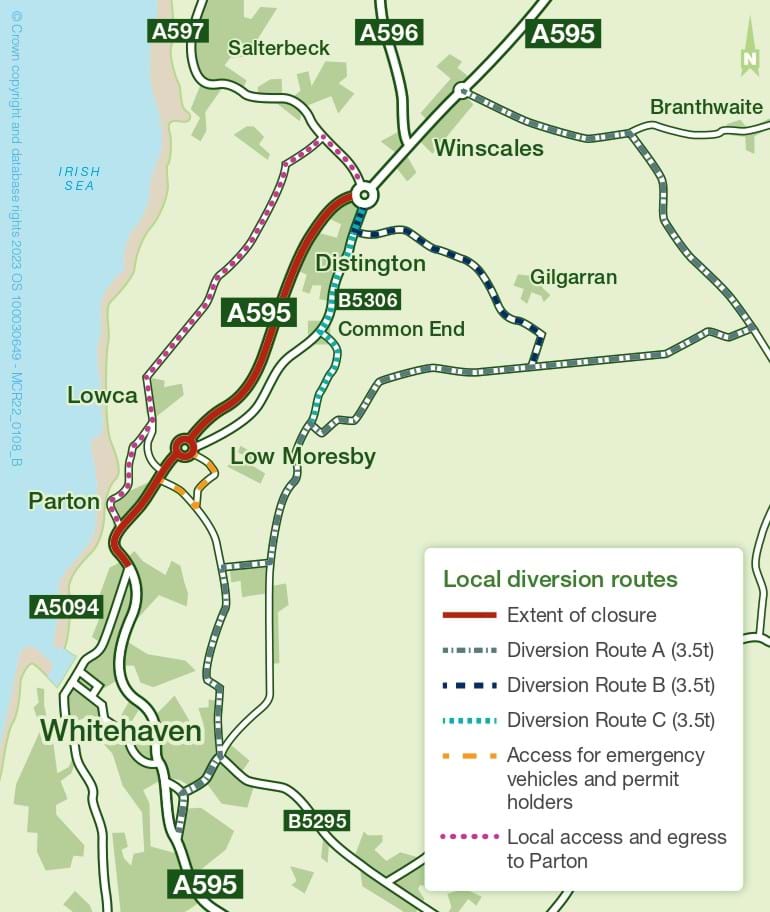 Map of the local diversion routes during the A595 weekend closures