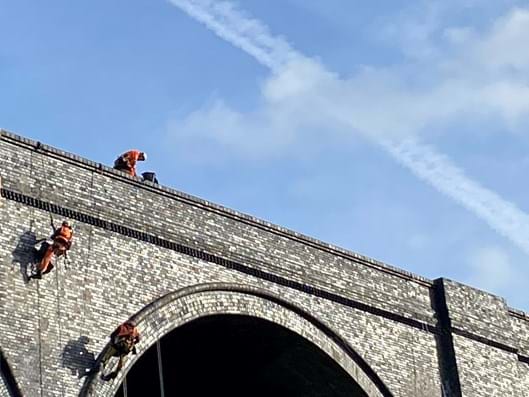 View of Crigglestone Viaduct, team at work on top of structure